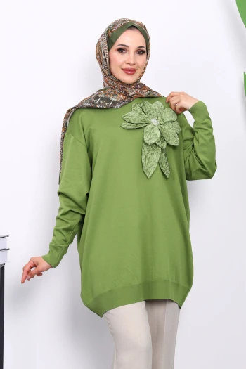 Yeşil Soğuk İplik Çiçek Detaylı Triko Tunik