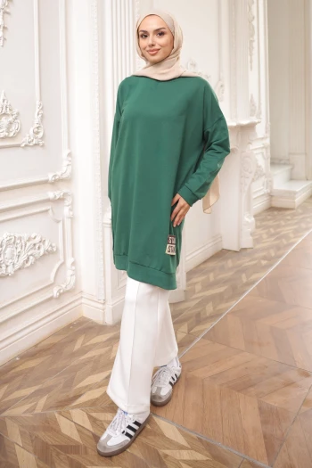 Zümrüt Yeşili Bisiklet Yaka Armalı Tunik