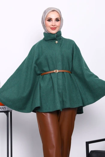 Zümrüt Yeşili Hakim Yaka Bel Kemerli Panço