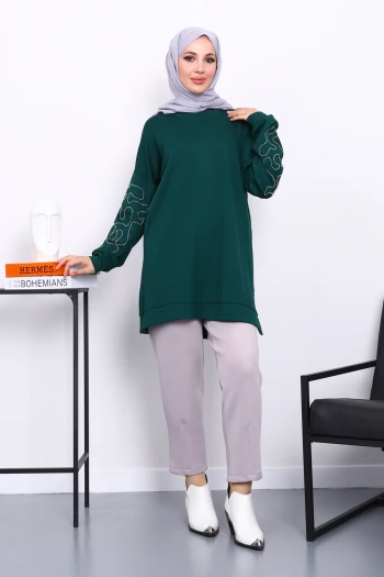 Zümrüt Yeşili Kolu İşlemeli Modal Tunik