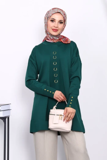 Zümrüt Yeşili Ön Detaylı Soğuk İplik Triko Tunik