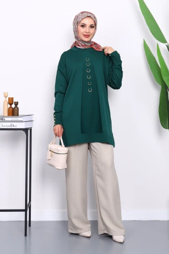 Zümrüt Yeşili Ön Detaylı Soğuk İplik Triko Tunik