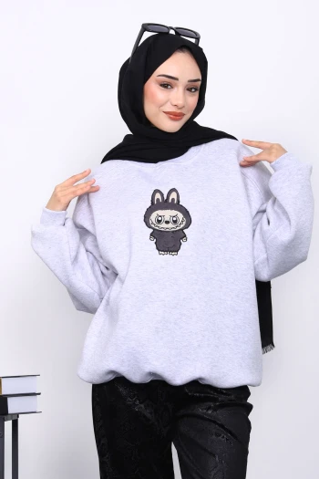 Açık Gri Bisiklet Yaka Üç İplik Sweat