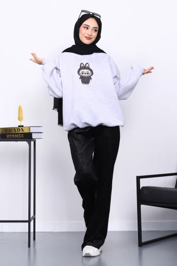 Açık Gri Bisiklet Yaka Üç İplik Sweat