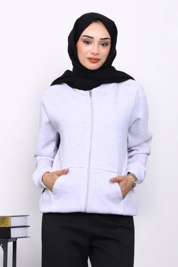 Açık Gri Kanguru Cepli Şardonlu Üç İplik Hırka