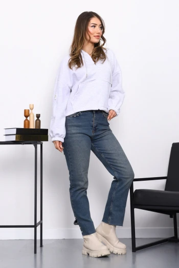 Açık Gri Sağ Kol Fermuarlı Cepli Üç İplik Sweat Hırka