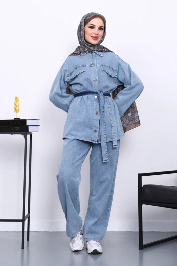 Açık Mavi Bel Kuşaklı Pantolonlu Kot Takım
