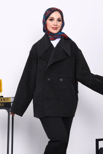 Antrasit Çift Cepli Düğmeli Kaşe Ceket