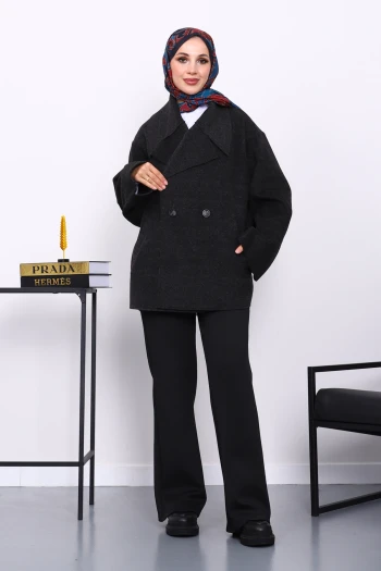 Antrasit Çift Cepli Düğmeli Kaşe Ceket