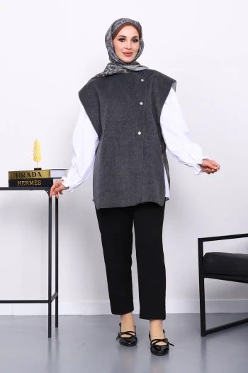 Antrasit Çıtçıt Detaylı Kaşe Yelek