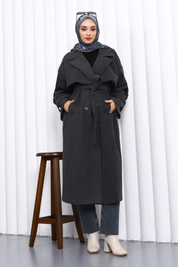 Antrasit Kravuze Yaka Astarlı Kaşe Kaban