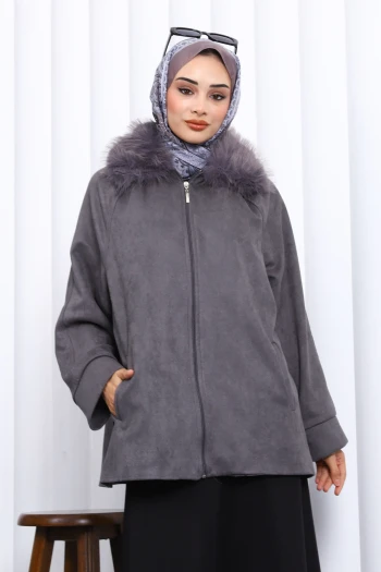 Antrasit Yaka Kürk Detaylı Süet Ceket