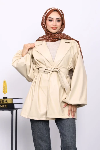 Bej Balon Kol Kuşaklı Deri Ceket