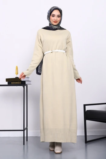 Bej Bisiklet Yaka Triko Elbise