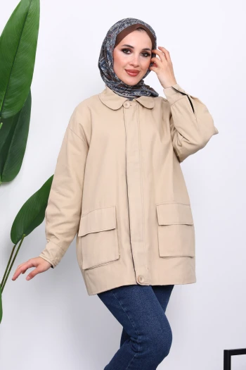 Bej Cep Detaylı Fermuarlı Gabardin Ceket