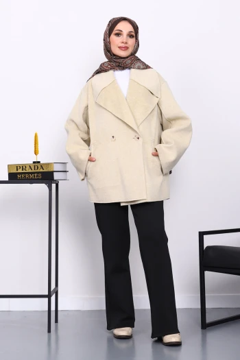 Bej Çift Cepli Düğmeli Kaşe Ceket