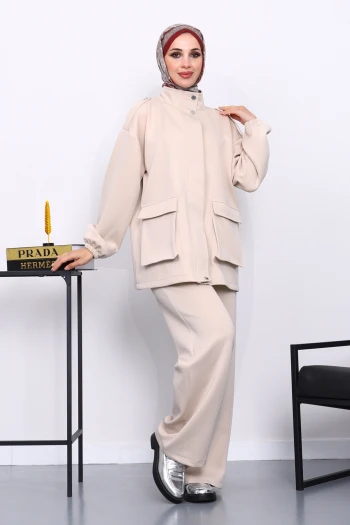 Bej Fermuarlı Scuba Ceket Pantolonlu Takım