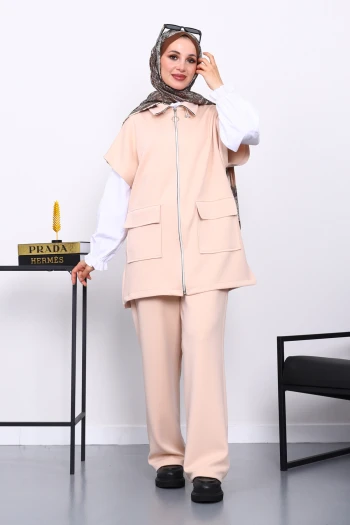 Bej Fermuarlı Yelek Pantolonlu Scuba Takım