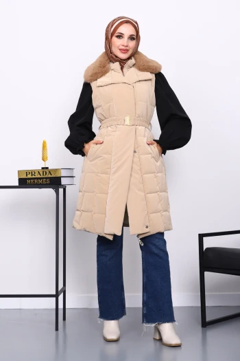 Bej Yaka Kürklü Lastik Kemerli Uzun Şişme Yelek