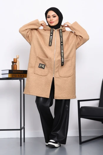 Bisküvi Kapşonlu Cep Detaylı Buklet Kaban