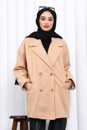 Bisküvi Kruvaze Yaka Astarlı Cepli Kaşe Kaban