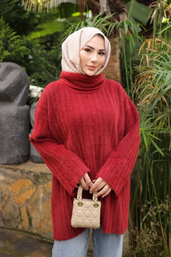 Bordo Balıkçı Yaka Salaş Angora Yumoş Triko Tunik