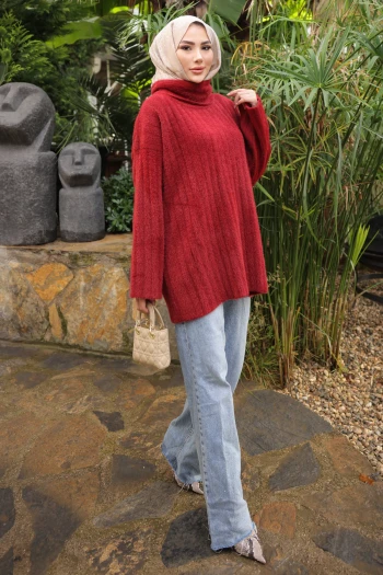 Bordo Balıkçı Yaka Salaş Angora Yumoş Triko Tunik