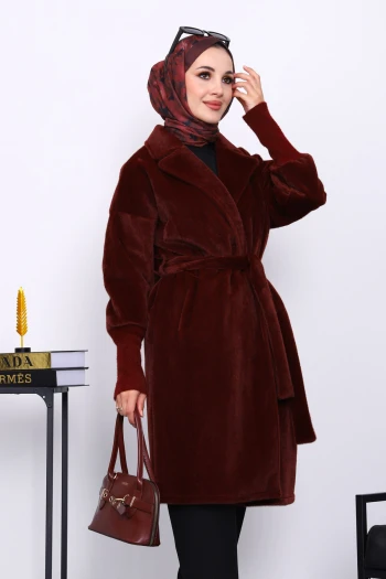 Bordo Bel Kuşaklı Çift Cepli Angora Kaban