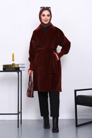 Bordo Bel Kuşaklı Çift Cepli Angora Kaban