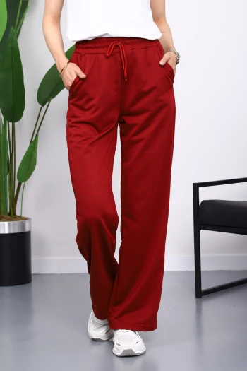 Bordo Bel Lastikli İki İplik Palazzo Eşofman Alt