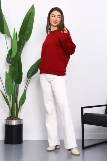 Bordo Bisiklet Yaka İki İplik Sweatshirt