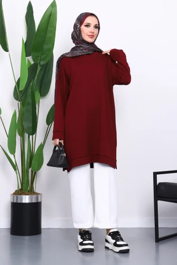 Bordo Bisiklet Yaka Modal Tunik