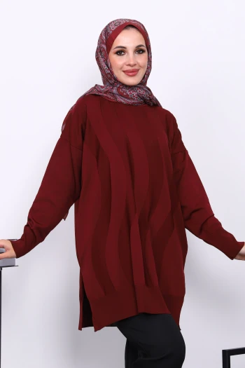 Bordo Bisiklet Yaka Soğuk İplik Triko Tunik