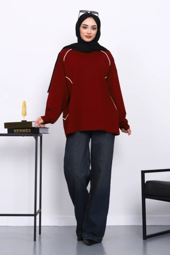 Bordo Biyeli İki İplik Sweatshirt