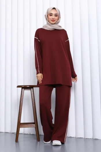 Bordo Biyeli Tunik Pantolonlu Modal Takım