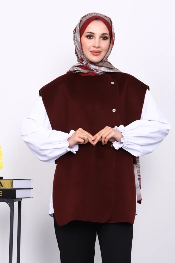 Bordo Çıtçıt Detaylı Kaşe Yelek