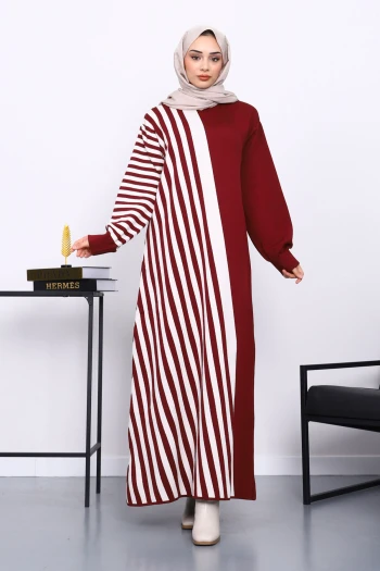 Bordo Çizgili Triko Elbise