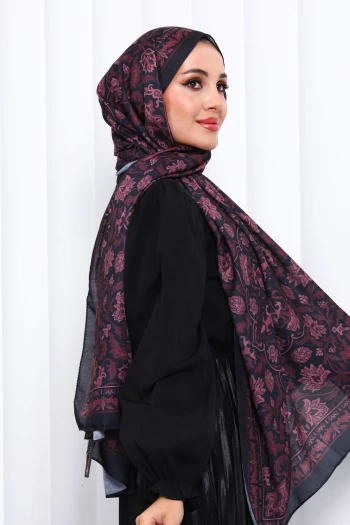 Bordo Desenli Soft Dijital Şal