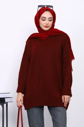 Bordo Dik Yaka Oversize Triko Kazak