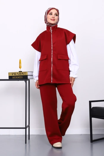 Bordo Fermuarlı Cepli Yelek Pantolonlu Scuba Takım