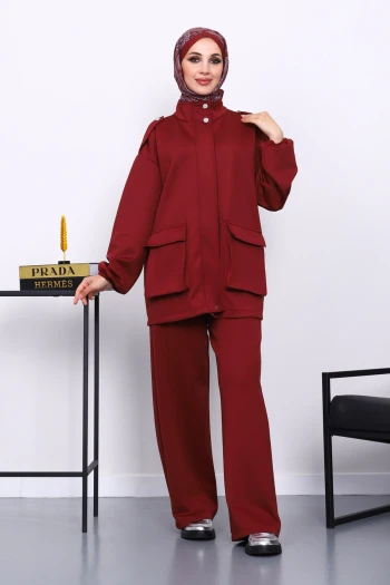 Bordo Fermuarlı Scuba Ceket Pantolonlu Takım