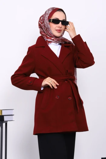 Bordo Kruvaze Yaka Çift Düğmeli Kaşe Kaban