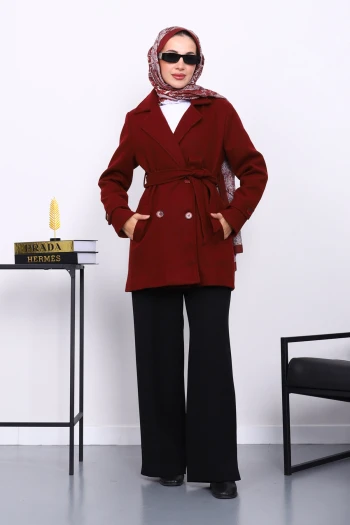 Bordo Kruvaze Yaka Çift Düğmeli Kaşe Kaban