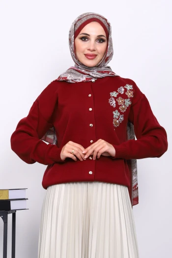 Bordo Nakışlı Düğmeli Triko Hırka