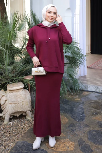 Bordo Triko Süveter Kombinli Elbise