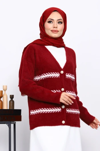 Bordo V Yaka Angora Yumoş Hırka