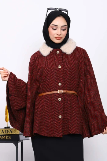 Bordo Yaka Kürklü Kemerli Panço