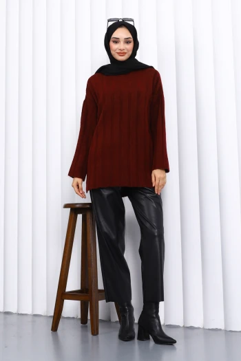 Bordo Yan Yırtmaçlı Fitilli Triko Tunik