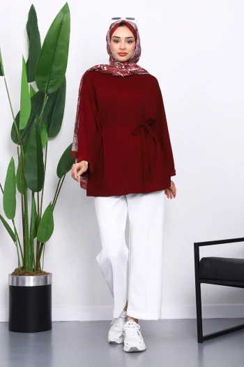 Bordo Yanları Yırtmaçlı Bel İpli Tunik