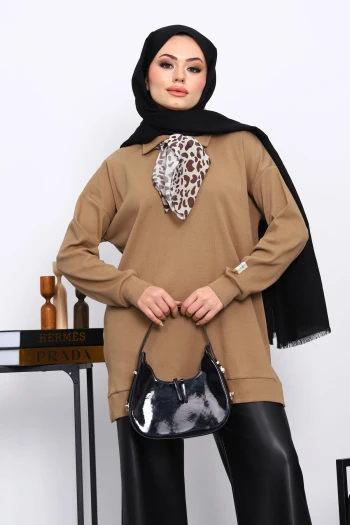 Camel Fular Detaylı Yakalı Tunik